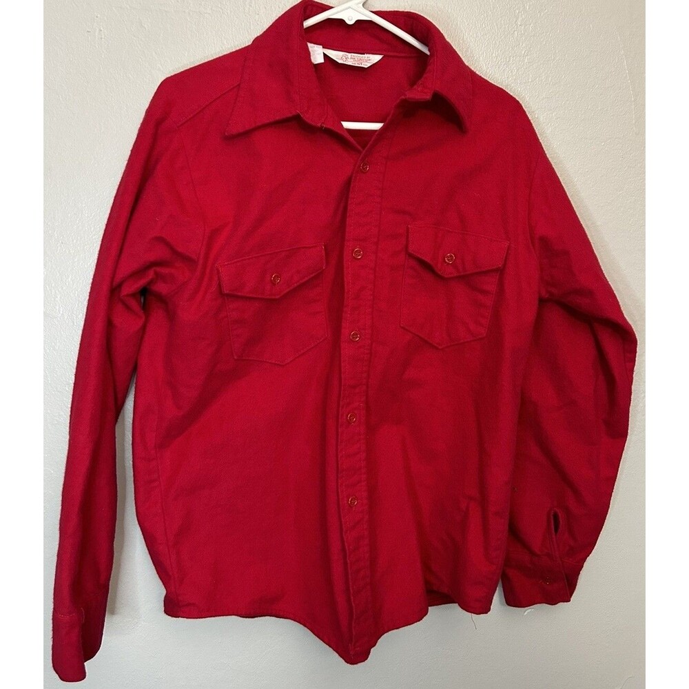 Vintage Best Jim Catfish Hunter Button Up Solid Red Flannel Shirt Size Medium